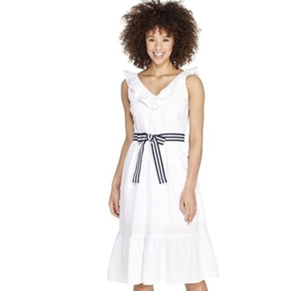 Vineyard Vines x Target WHITE XS Sleeveless Tie Waist V-Neck Dress Ruffles